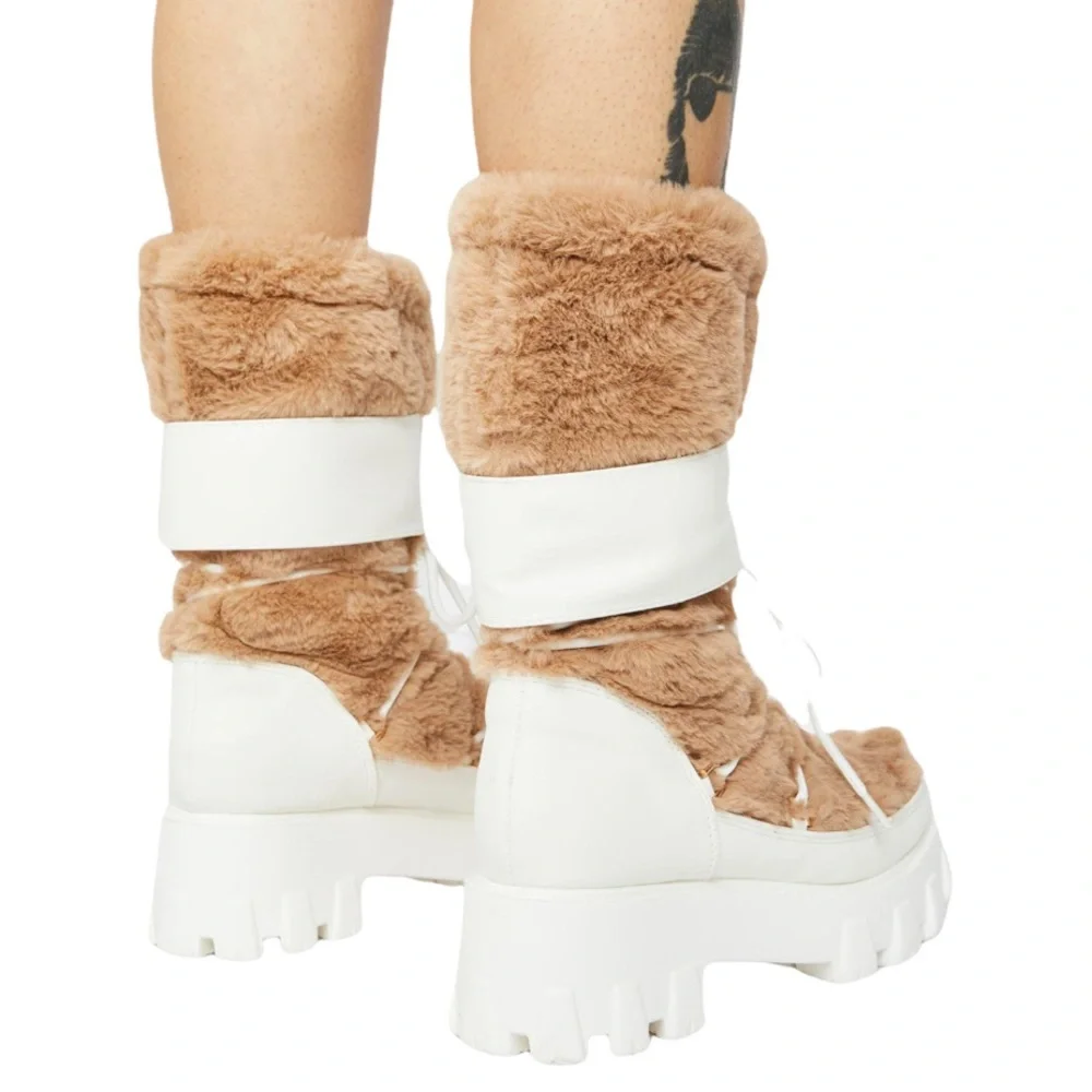 Tan & Winter White Vegan Leather & Fur Boots